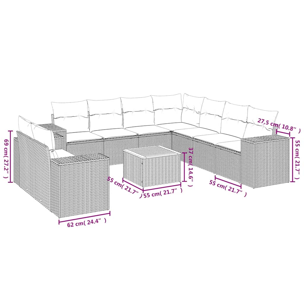 10 részes fekete polyrattan kerti ülőgarnitúra párnákkal 3