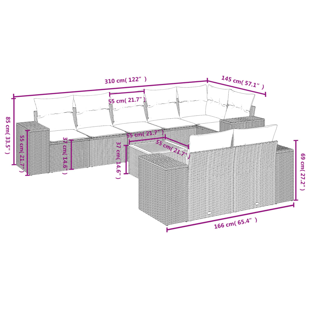 9 részes szürke polyrattan kerti ülőgarnitúra párnákkal 8
