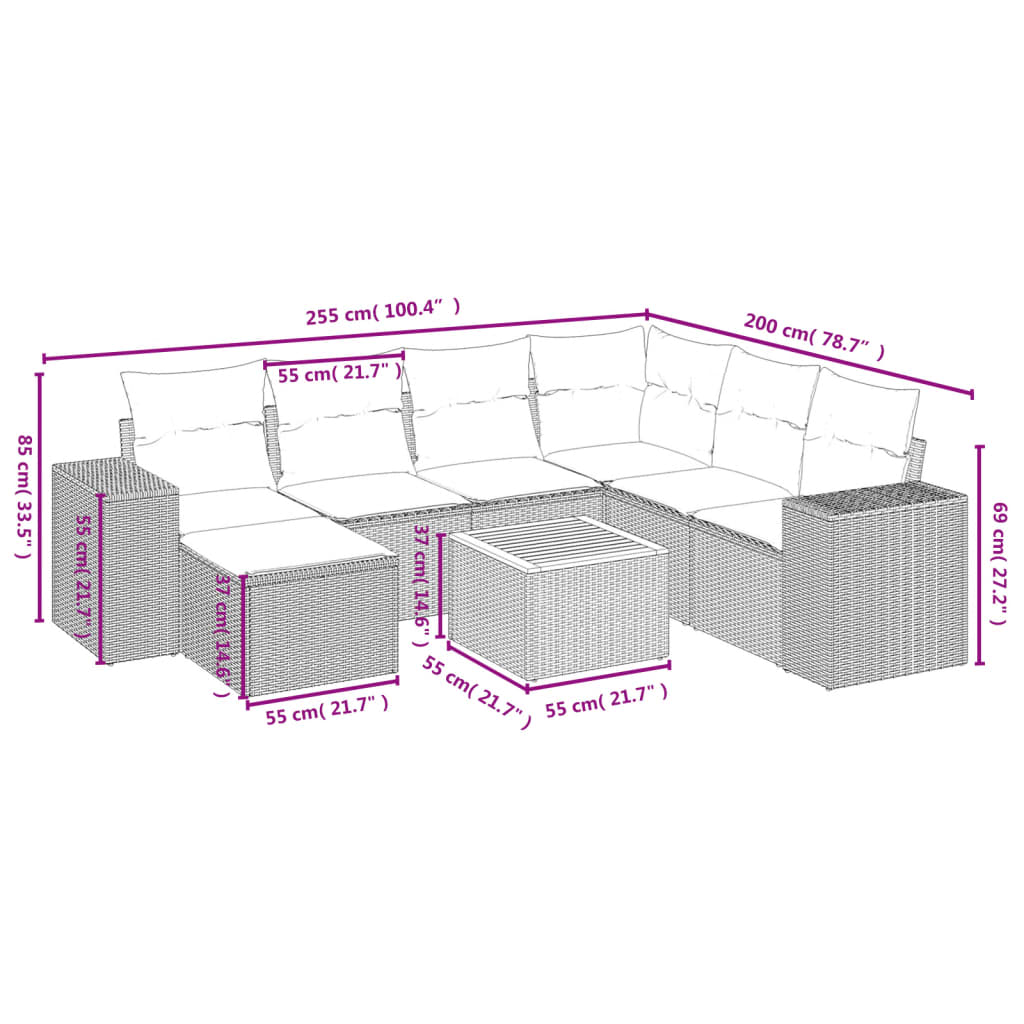 8 részes szürke polyrattan kerti ülőgarnitúra párnákkal 9