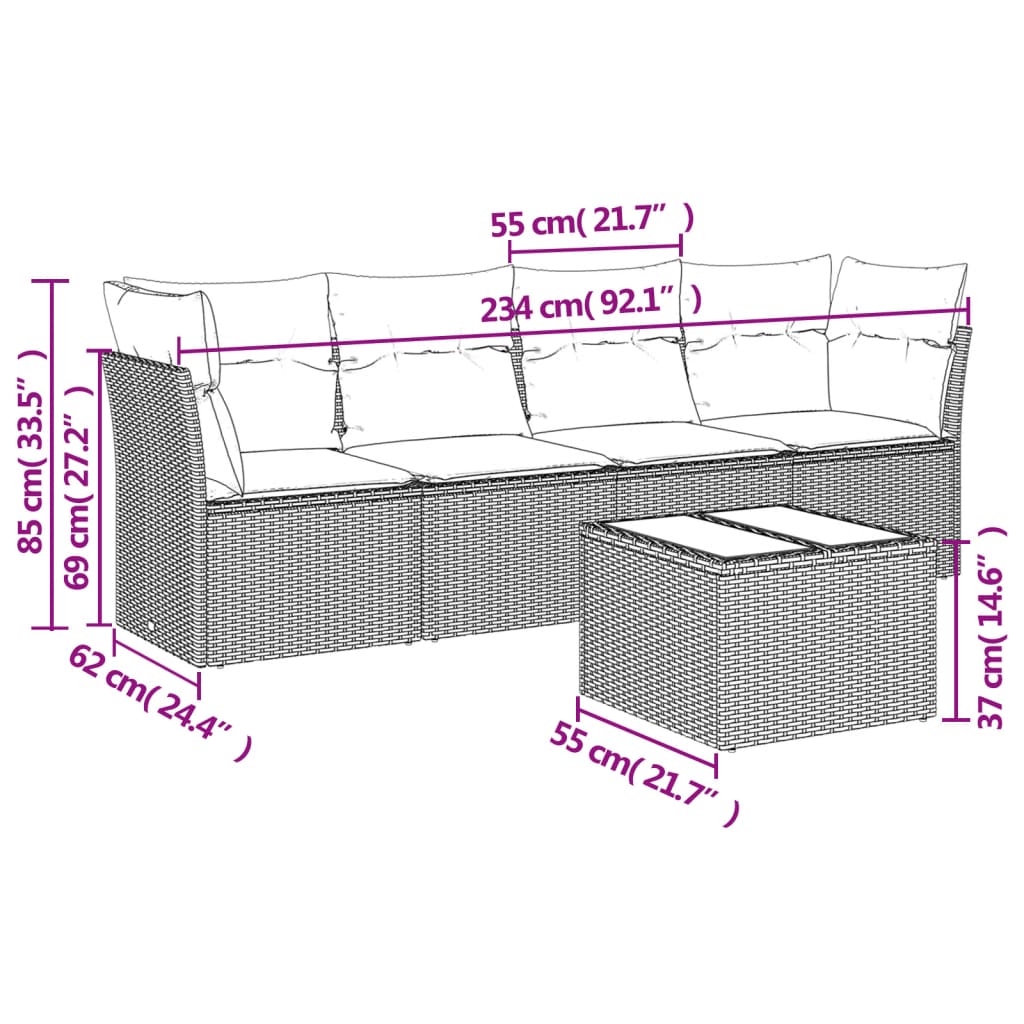 5 részes szürke polyrattan kerti ülőgarnitúra párnákkal 3