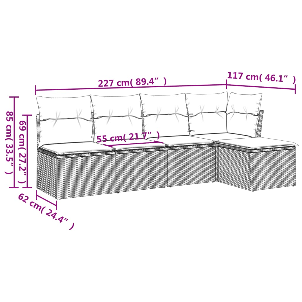 5 részes fekete polyrattan kerti kanapészett párnákkal 3