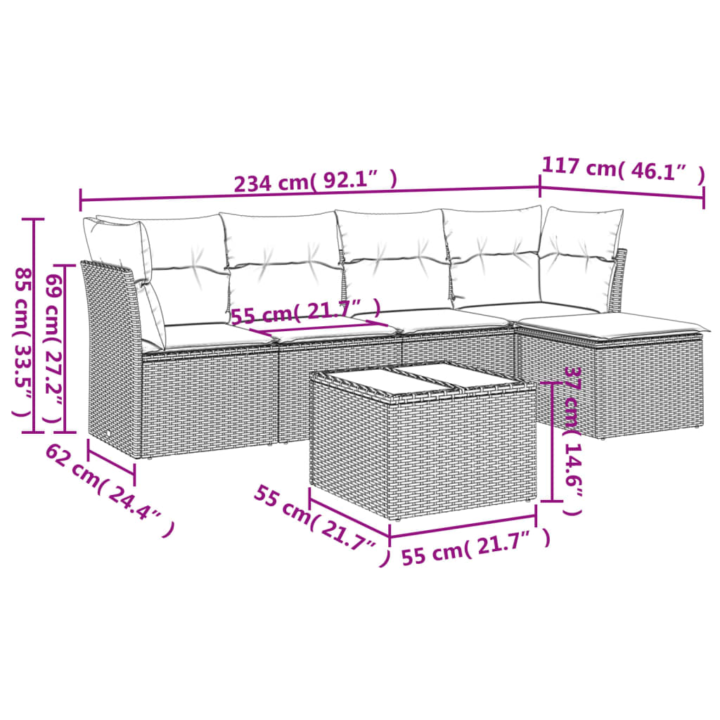 6 részes fekete polyrattan kerti ülőgarnitúra párnákkal 3