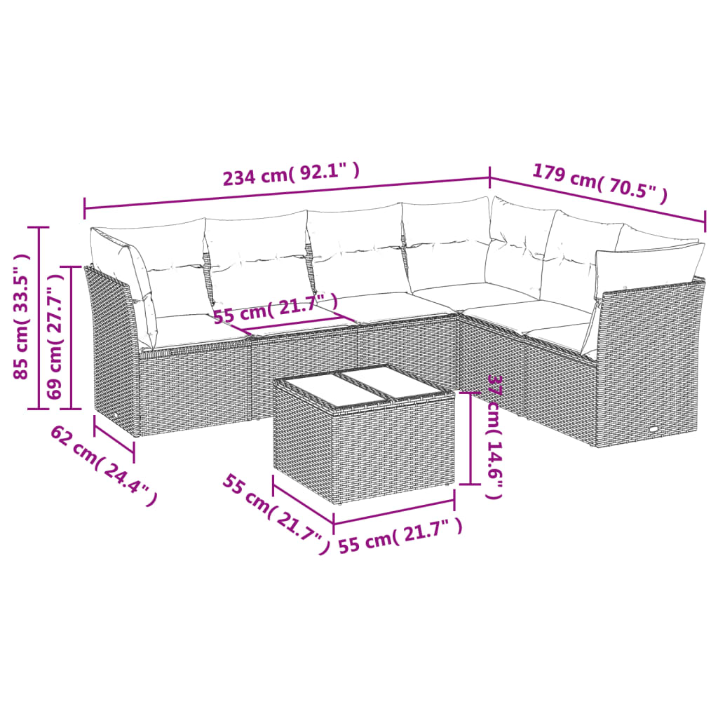 7 részes bézs polyrattan kerti ülőgarnitúra párnákkal 3