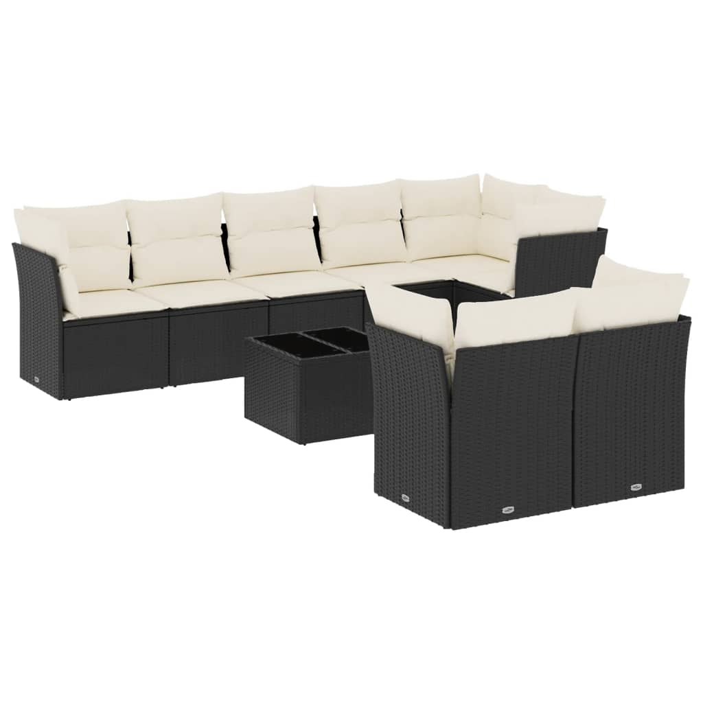 9 részes fekete polyrattan kerti ülőgarnitúra párnákkal 2