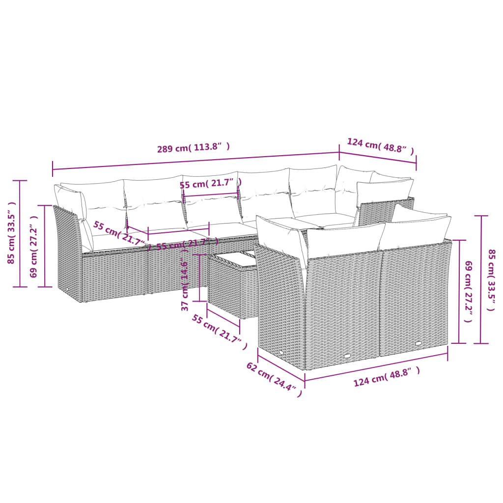 9 részes barna polyrattan kerti ülőgarnitúra párnákkal 3