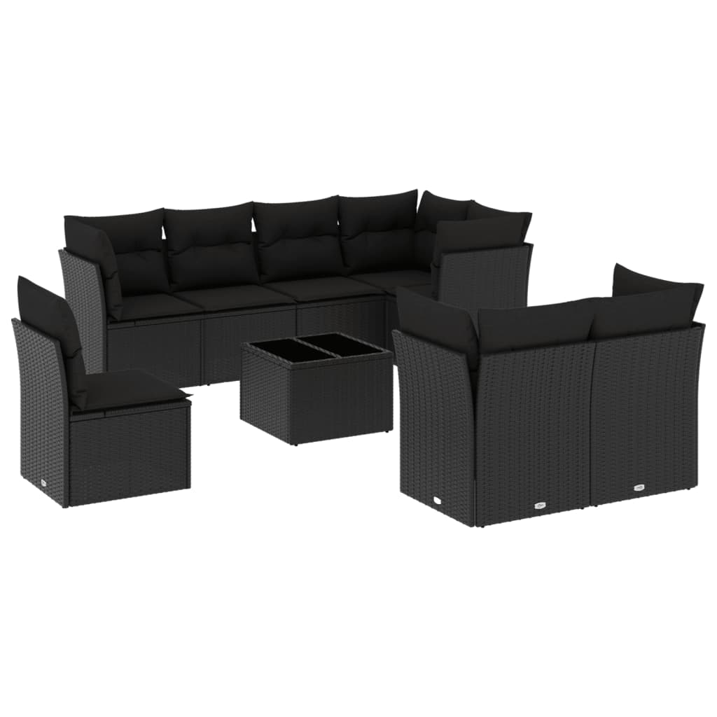 9 részes fekete polyrattan kerti ülőgarnitúra párnákkal 2