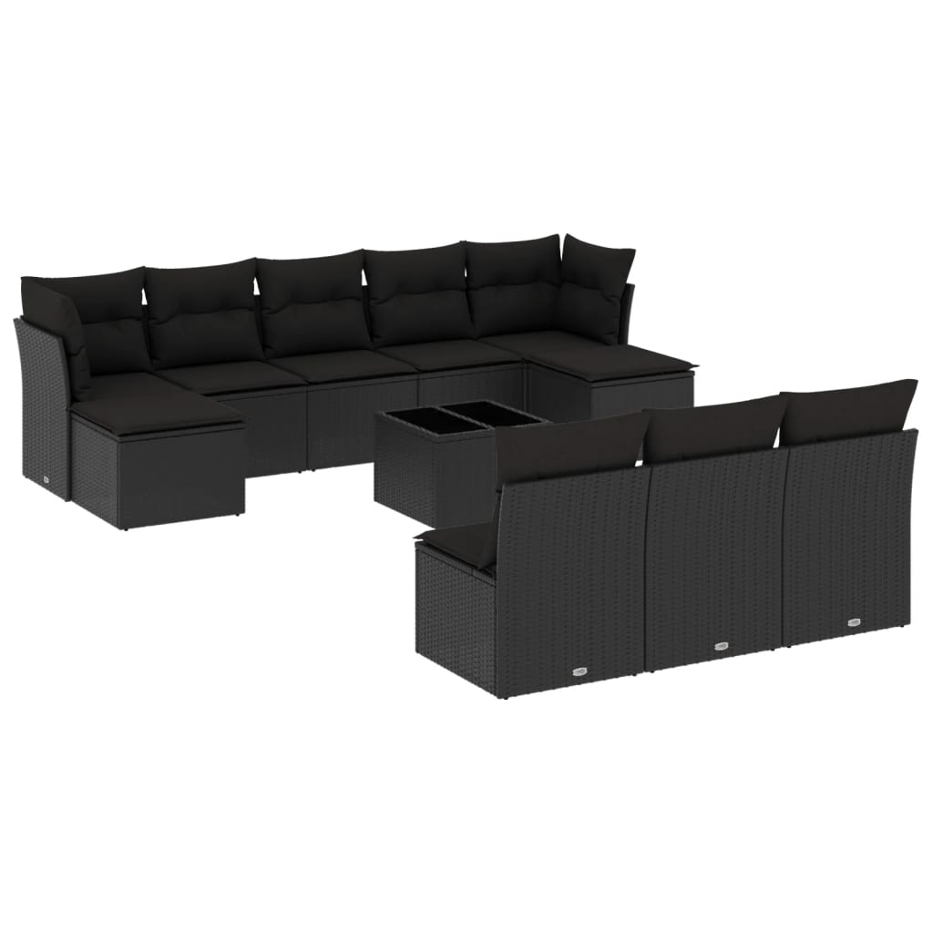 11 részes fekete polyrattan kerti ülőgarnitúra párnákkal 2