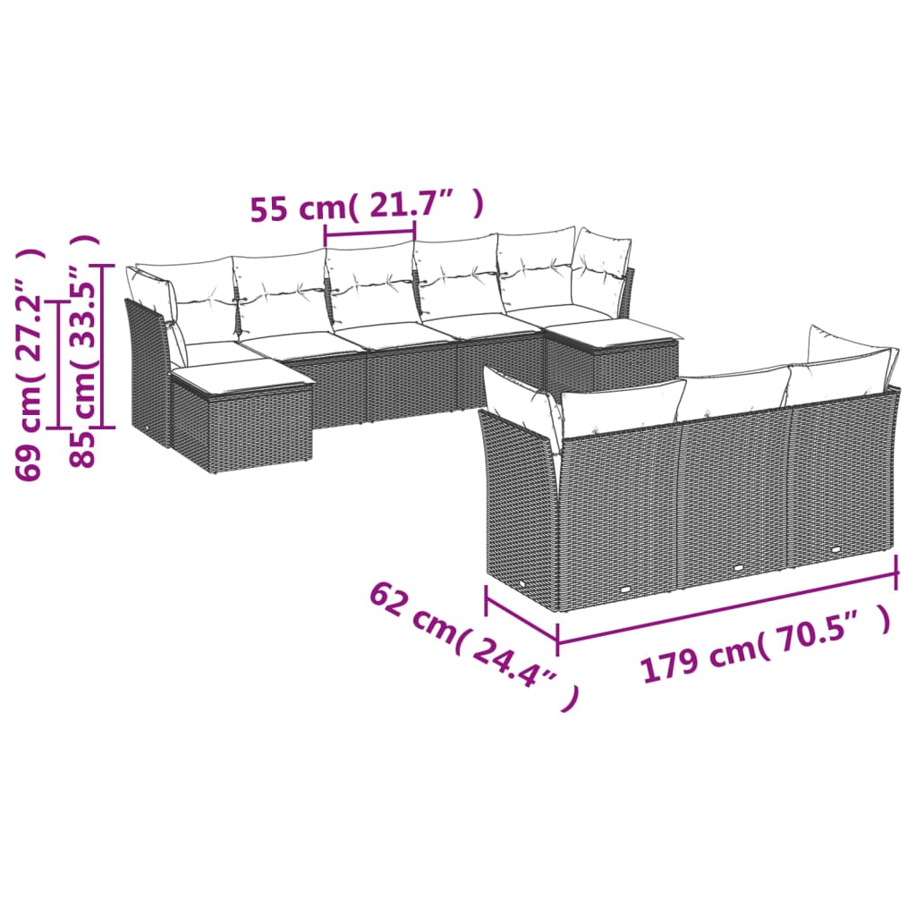 10 részes szürke polyrattan kerti ülőgarnitúra párnákkal 3