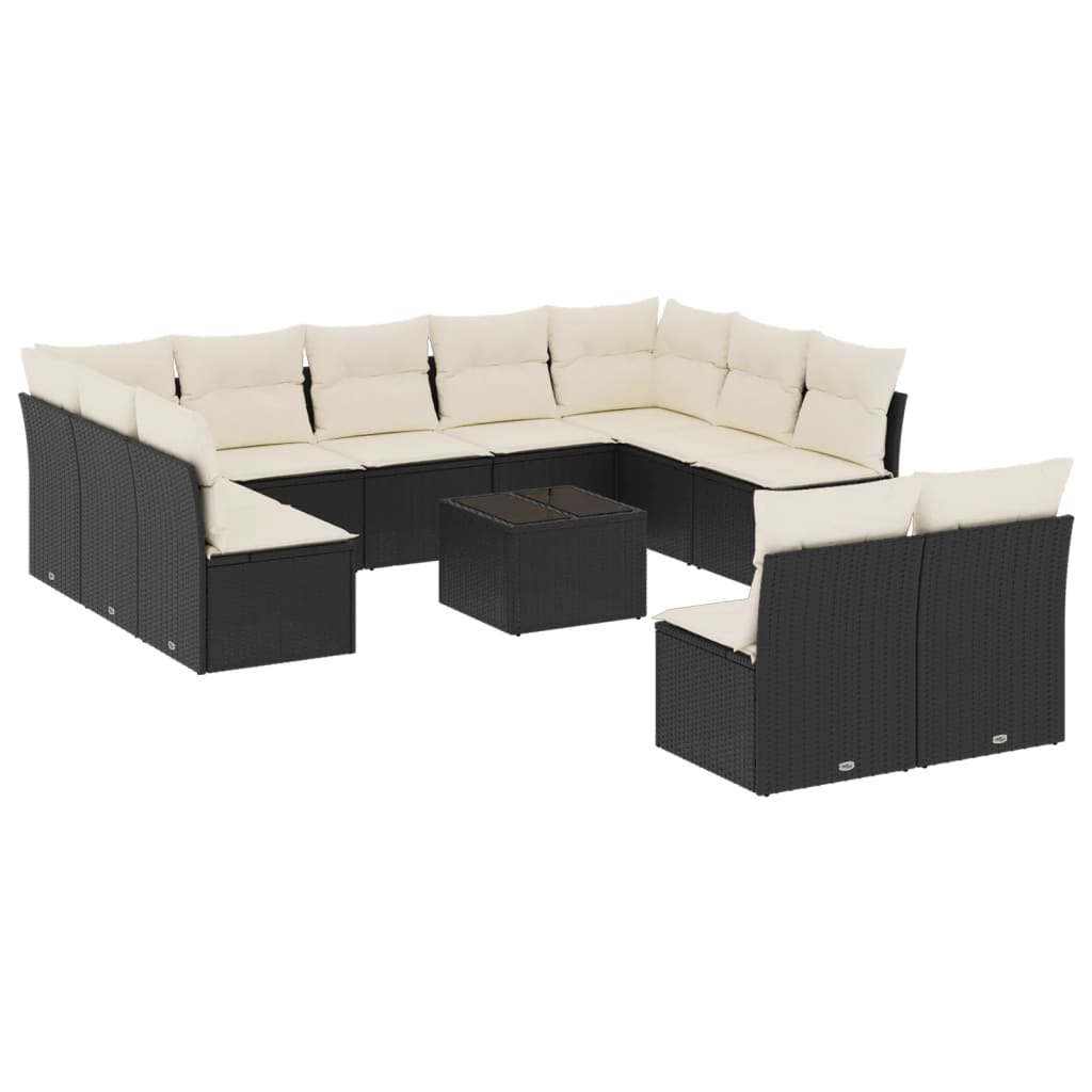 12 részes fekete polyrattan kerti ülőgarnitúra párnákkal 2