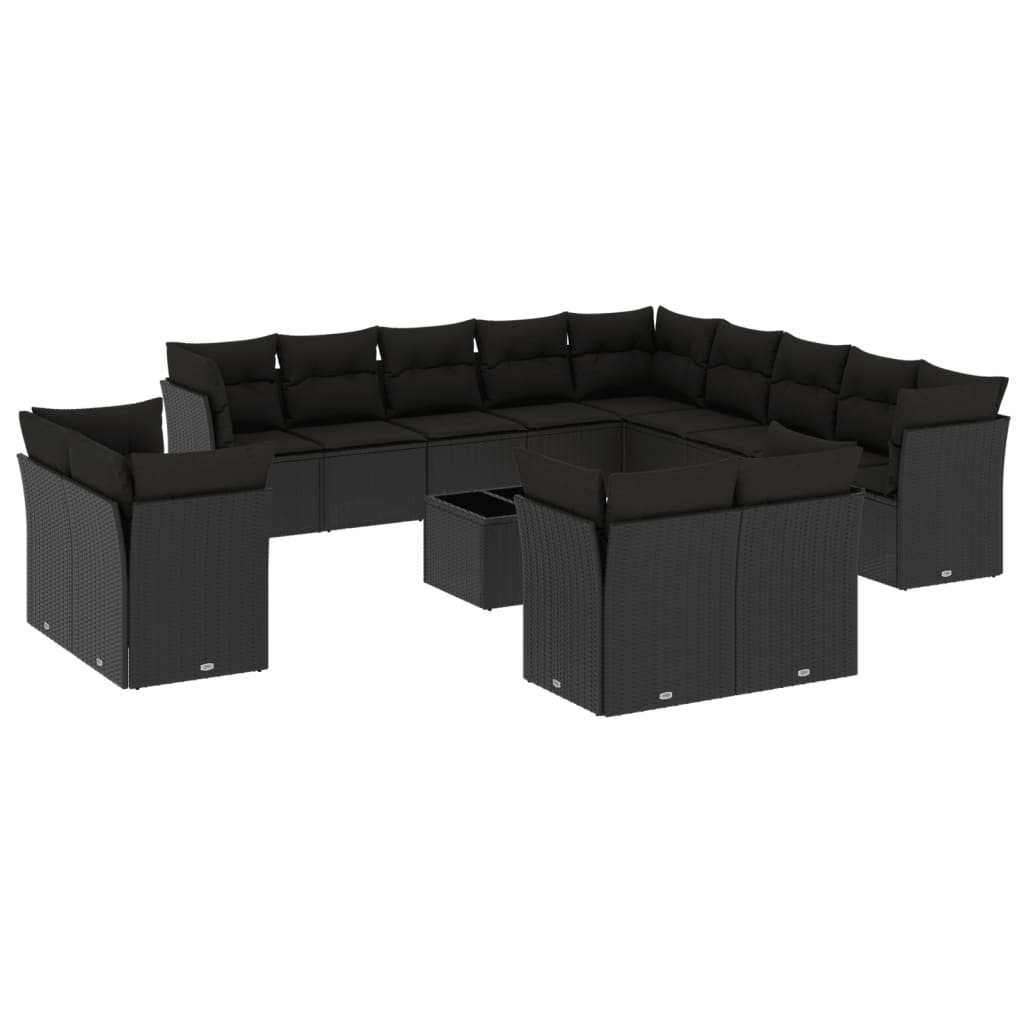 14 részes fekete polyrattan kerti ülőgarnitúra párnákkal 2