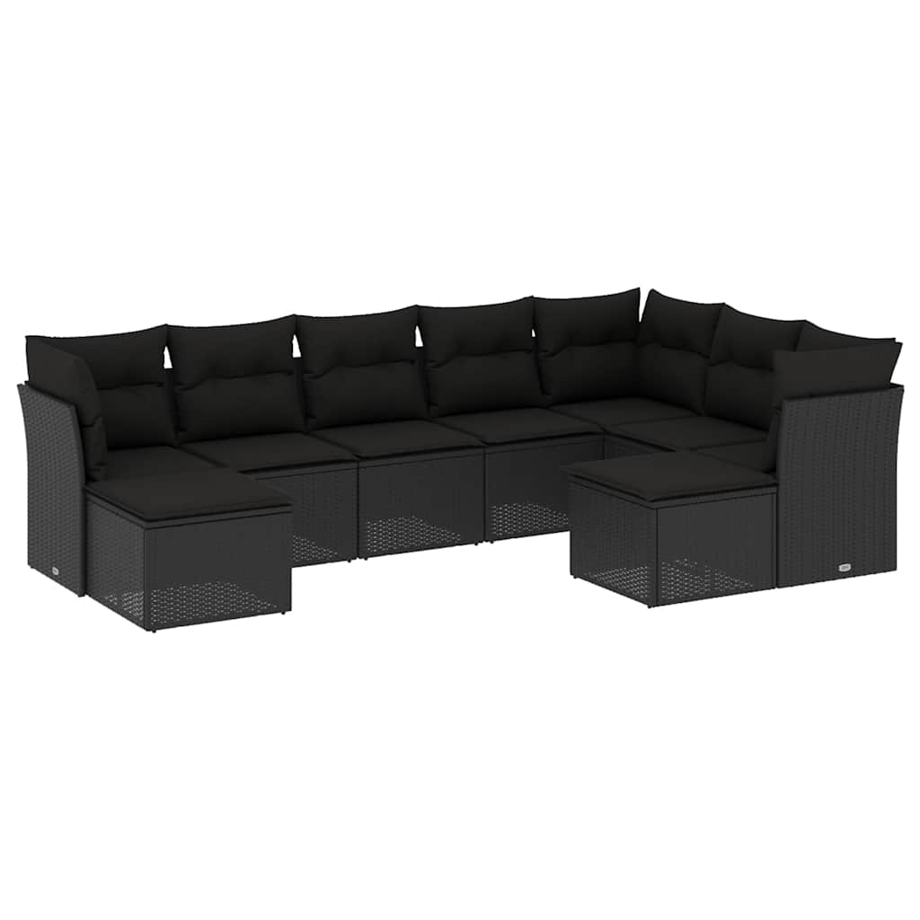 9 részes fekete polyrattan kerti ülőgarnitúra párnákkal 2