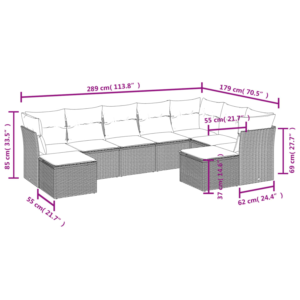 9 részes barna polyrattan kerti ülőgarnitúra párnákkal 3