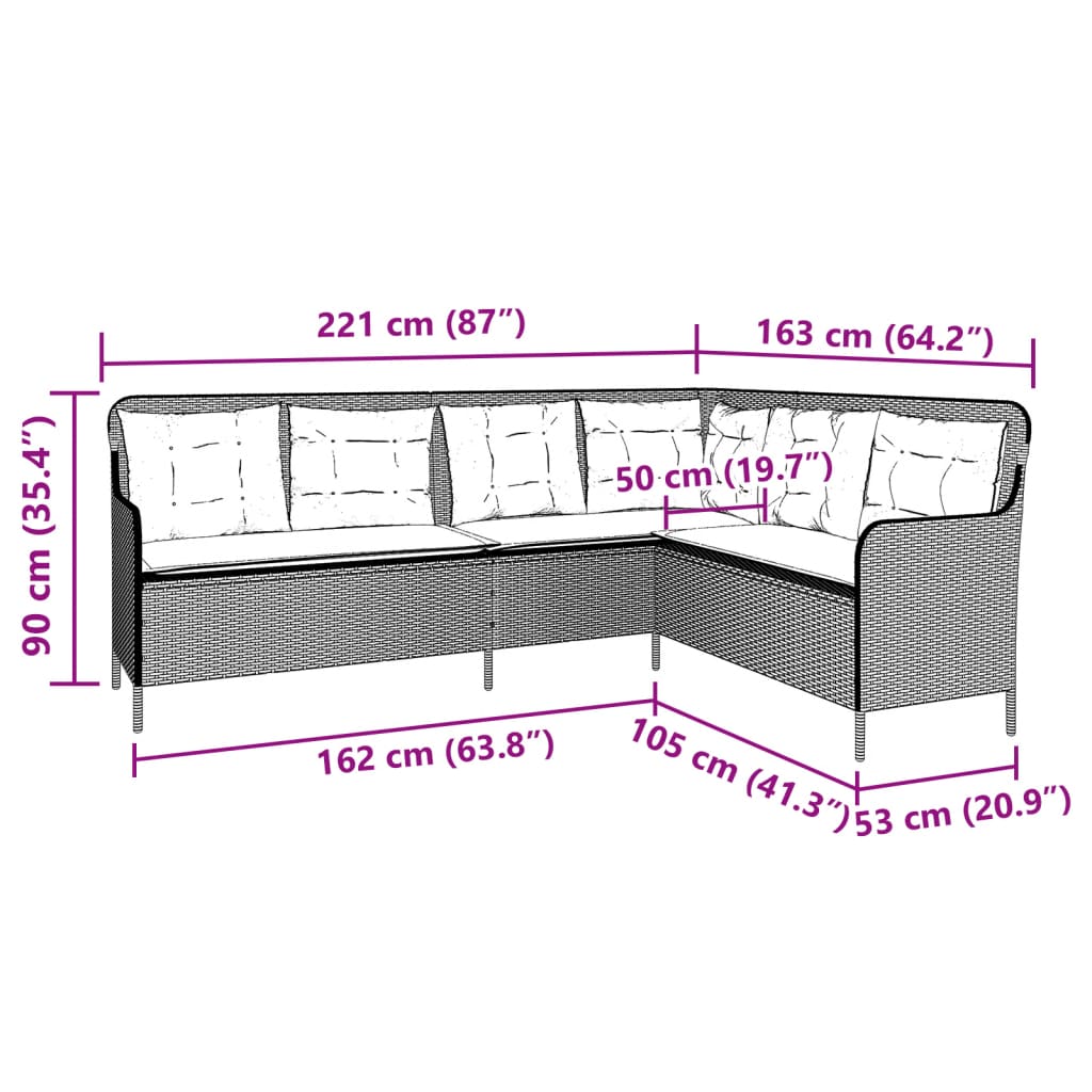 Szürke polyrattan L-alakú kerti kanapé párnákkal 8