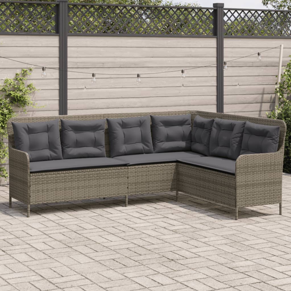 Szürke polyrattan L-alakú kerti kanapé párnákkal