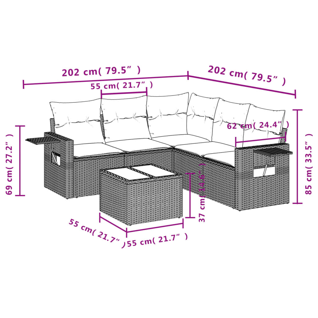 6 részes fekete polyrattan kerti ülőgarnitúra párnákkal 9
