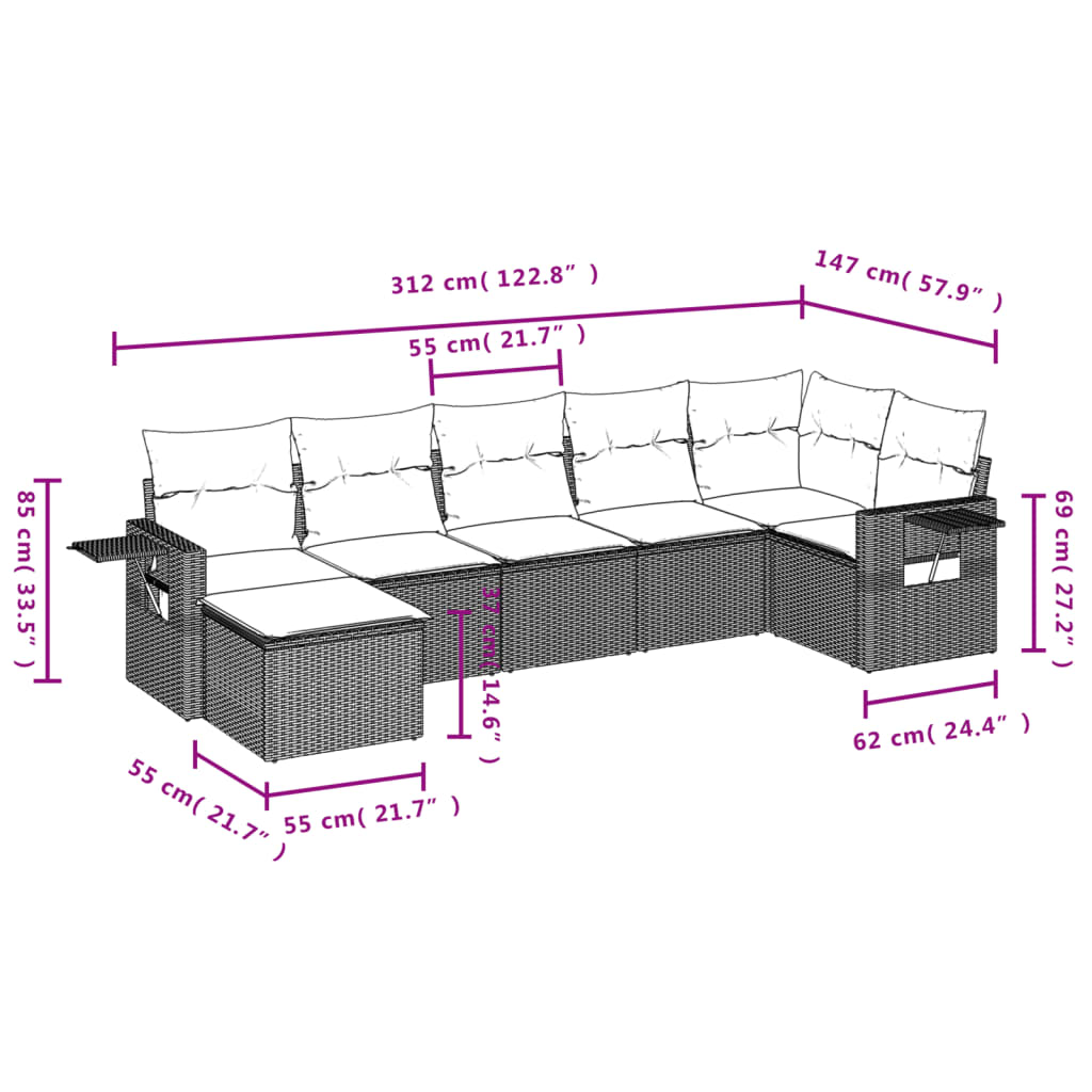 7 részes bézs polyrattan kerti ülőgarnitúra párnákkal 9