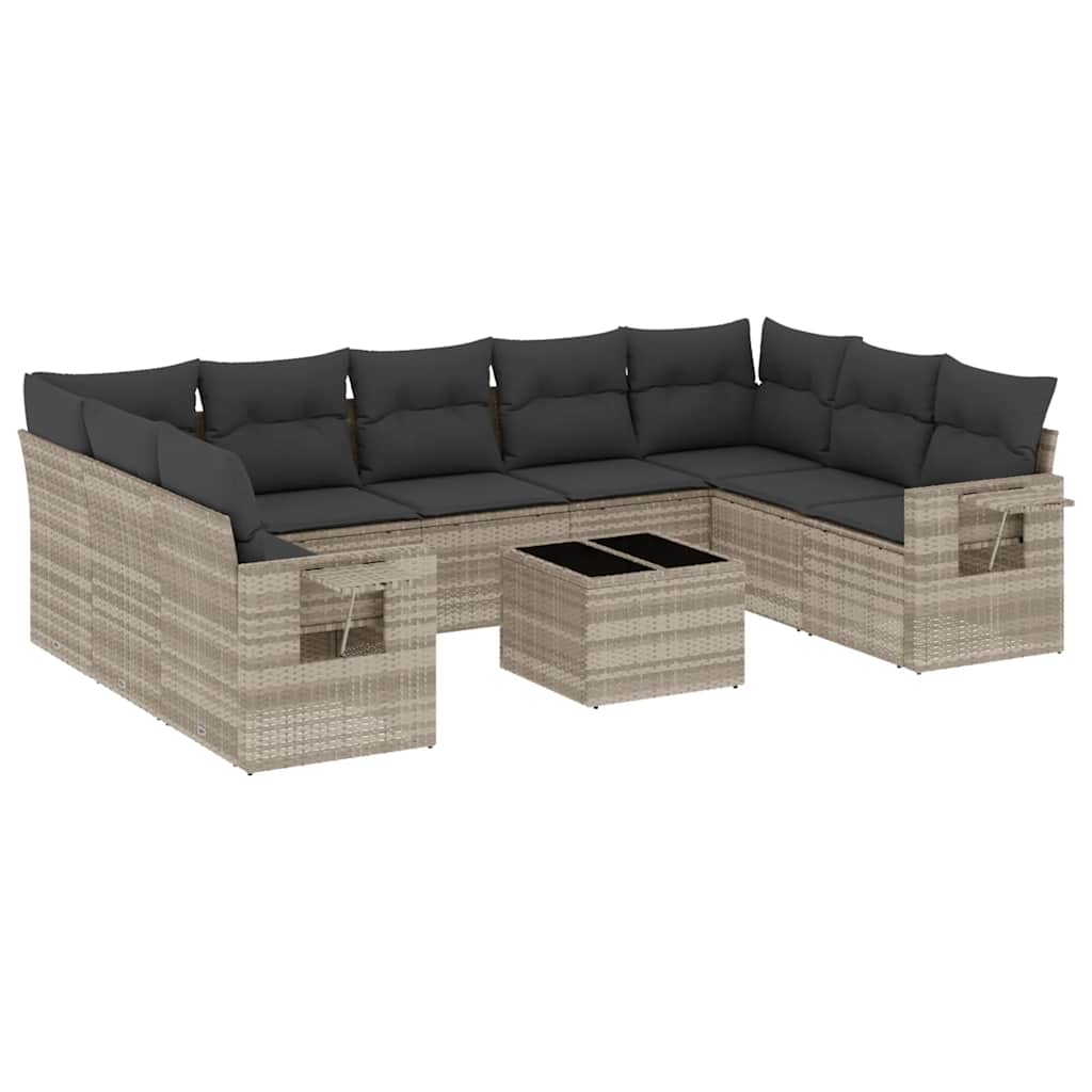 10 részes világosszürke polyrattan kerti ülőgarnitúra párnákkal 2