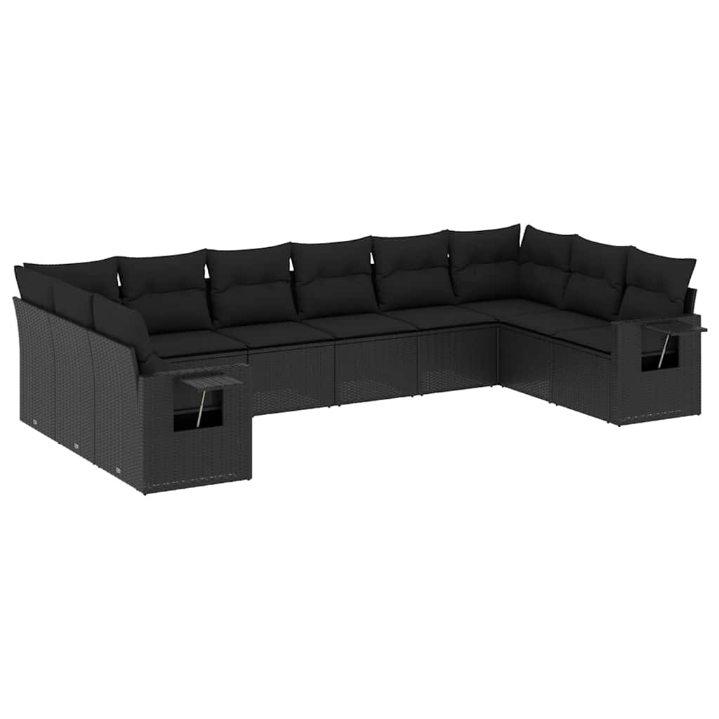 10 részes fekete polyrattan kerti ülőgarnitúra párnákkal 2