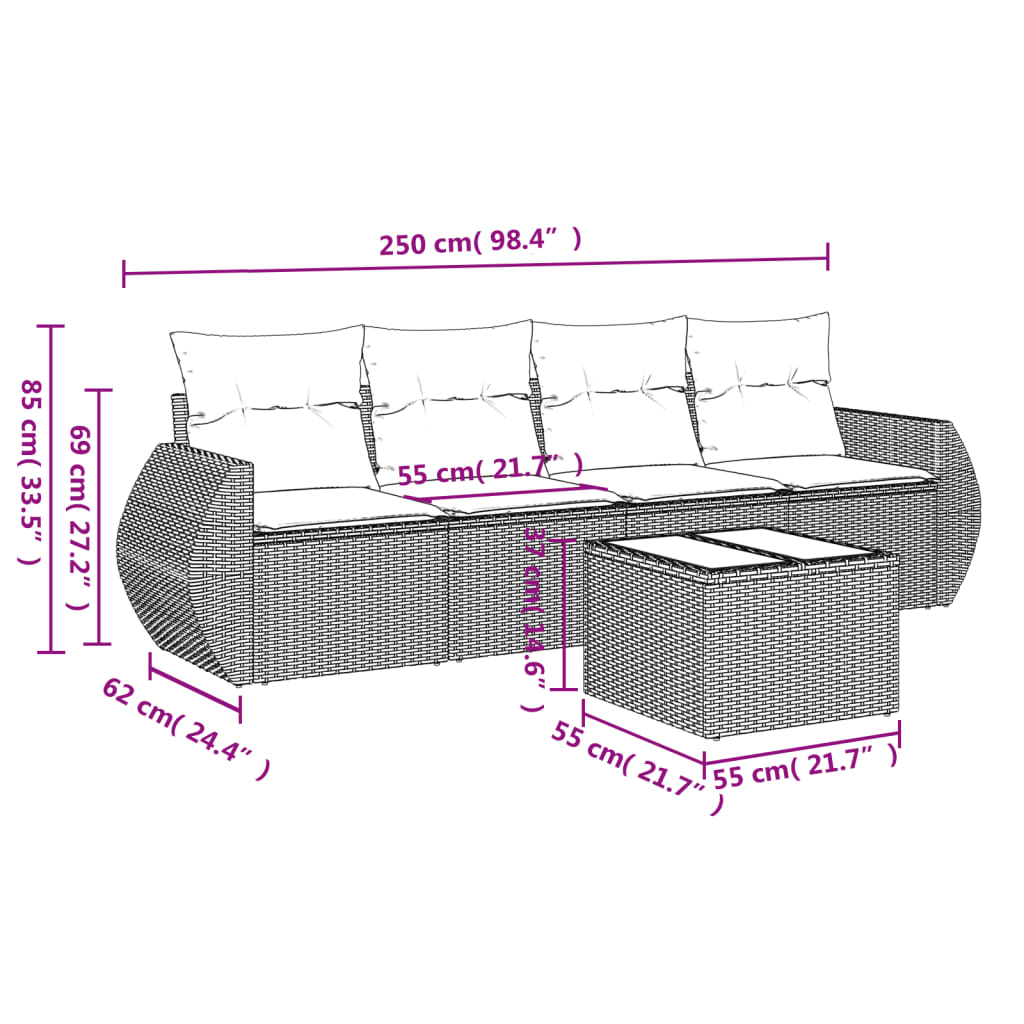 5 részes szürke polyrattan kerti ülőgarnitúra párnákkal 3