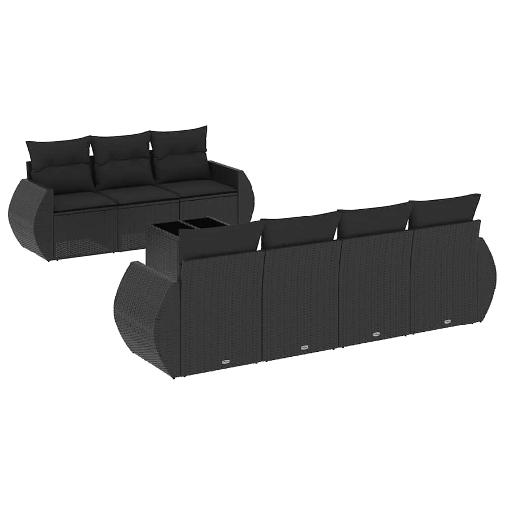 8 részes fekete polyrattan kerti ülőgarnitúra párnákkal 2