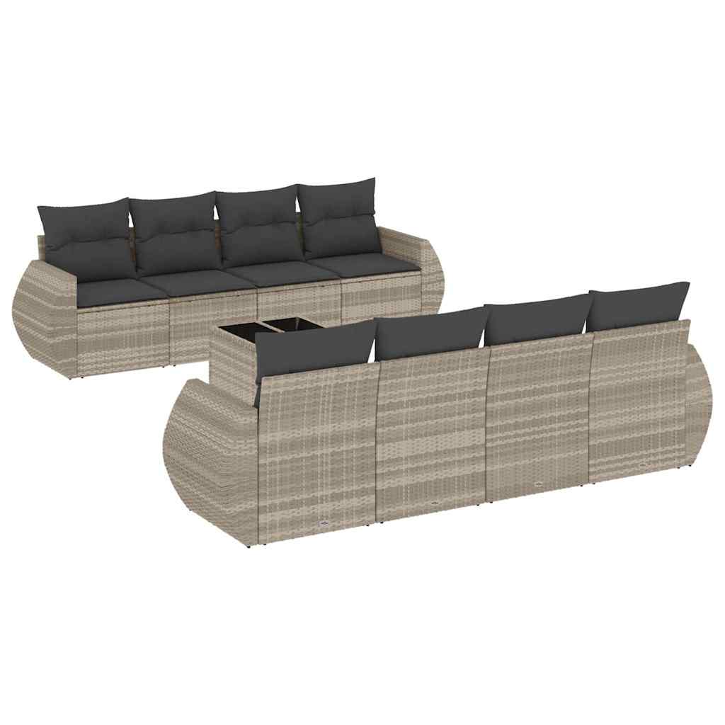 9 részes világosszürke polyrattan kerti ülőgarnitúra párnával 2