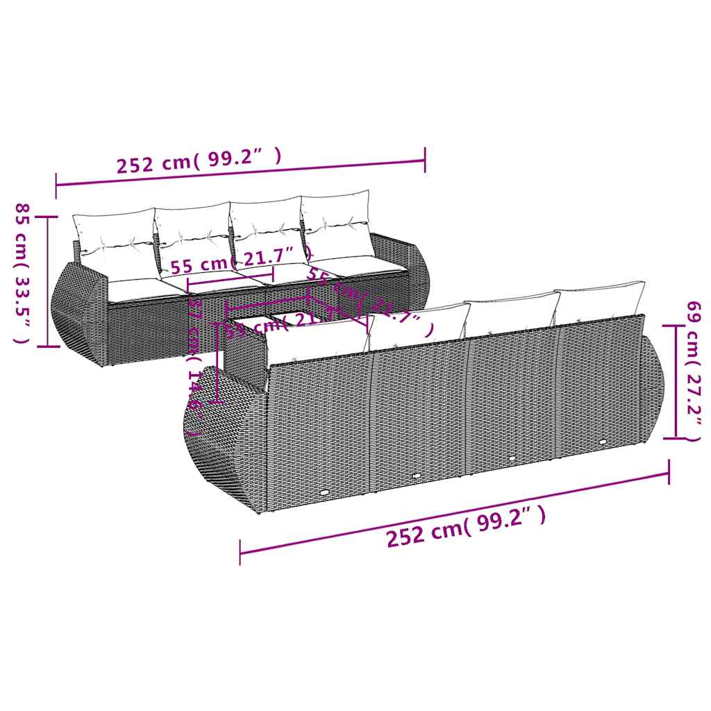 9 részes világosszürke polyrattan kerti ülőgarnitúra párnával 8