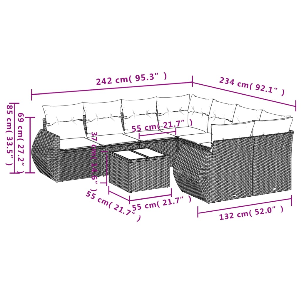 9 részes bézs polyrattan kerti ülőgarnitúra párnákkal 8