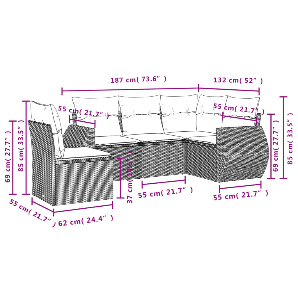 5 részes bézs polyrattan kerti ülőgarnitúra párnákkal 7