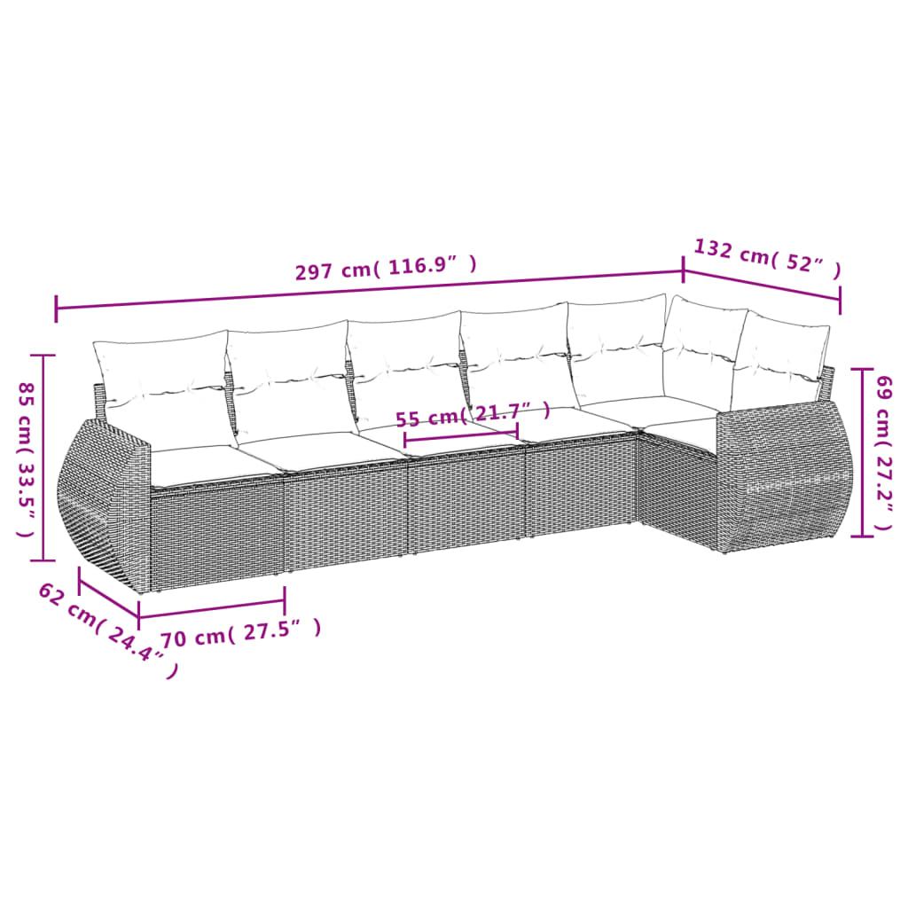 6 részes fekete polyrattan kerti ülőgarnitúra párnákkal 7