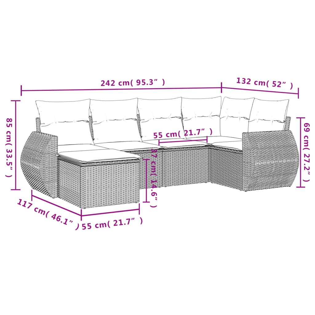 6 részes fekete polyrattan kerti ülőgarnitúra párnákkal 8