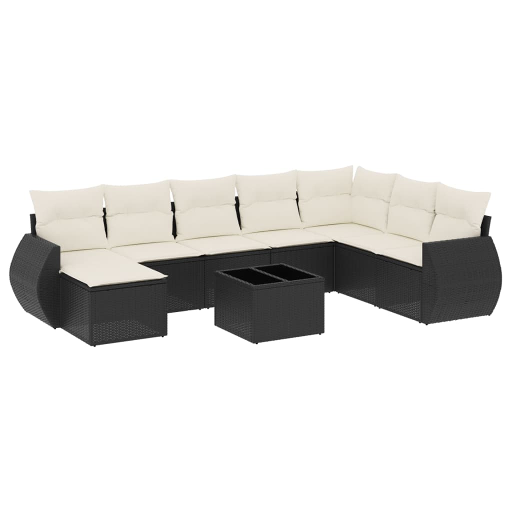 9 részes fekete polyrattan kerti ülőgarnitúra párnákkal 2
