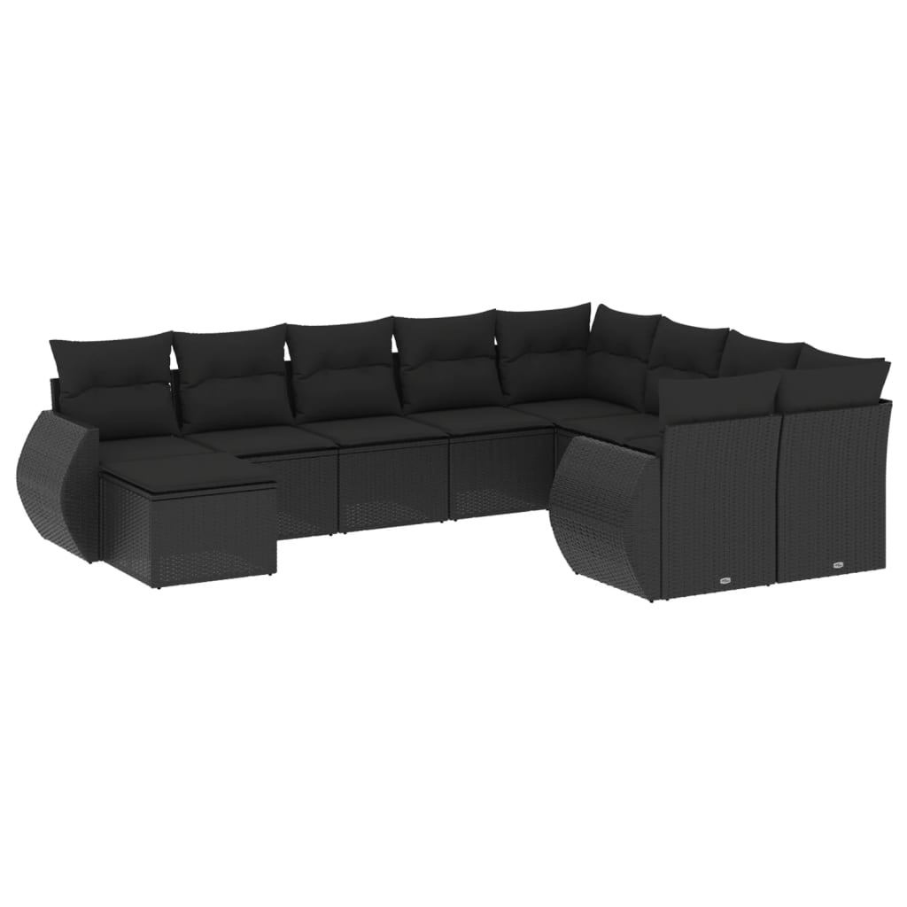 10 részes fekete polyrattan kerti ülőgarnitúra párnákkal 2