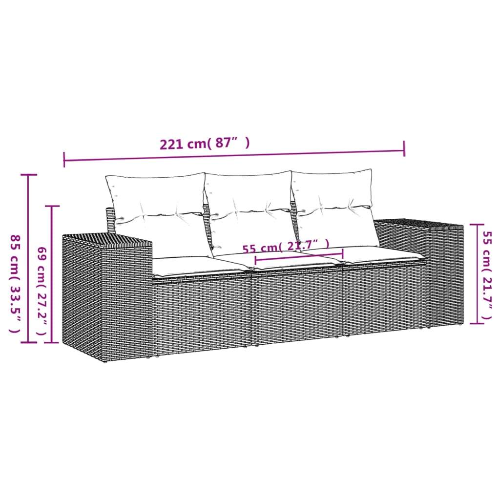 3 részes fekete polyrattan kerti ülőgarnitúra párnával 6