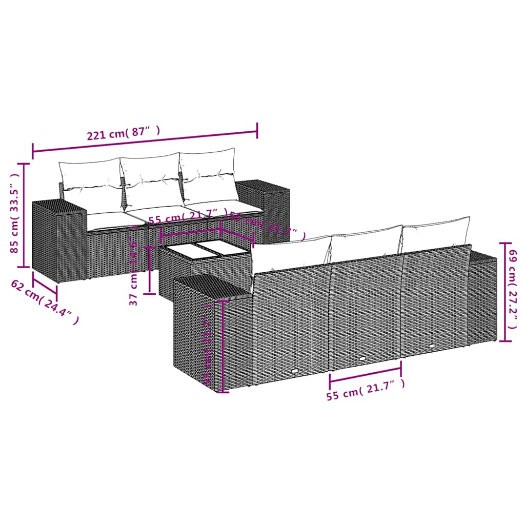7 részes világosszürke polyrattan kerti ülőgarnitúra párnákkal 7