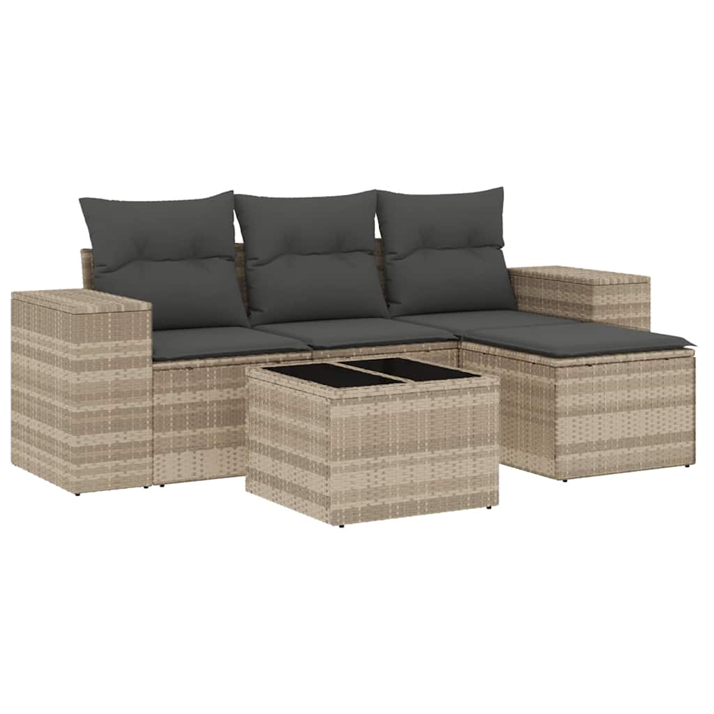 5 részes világosszürke polyrattan kerti ülőgarnitúra párnákkal 2