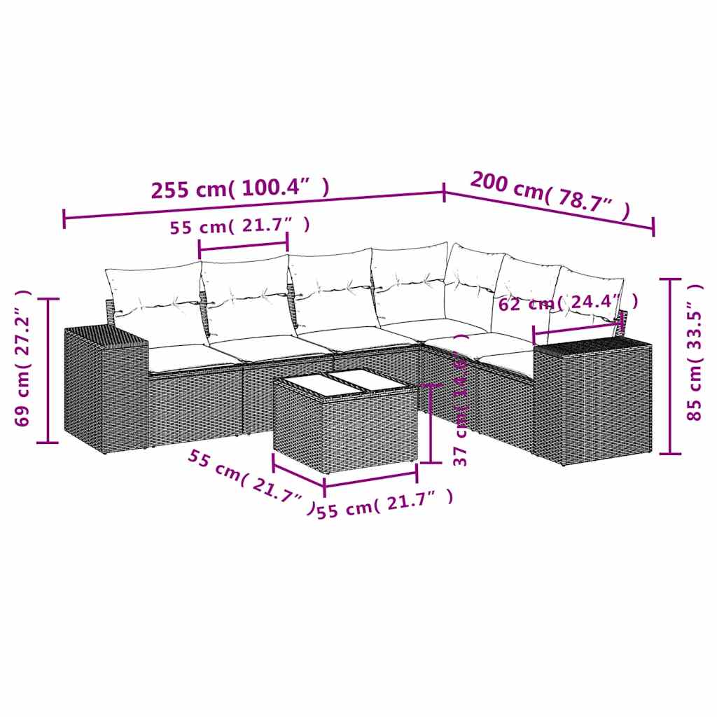 7 részes fekete polyrattan kerti ülőgarnitúra párnával 8