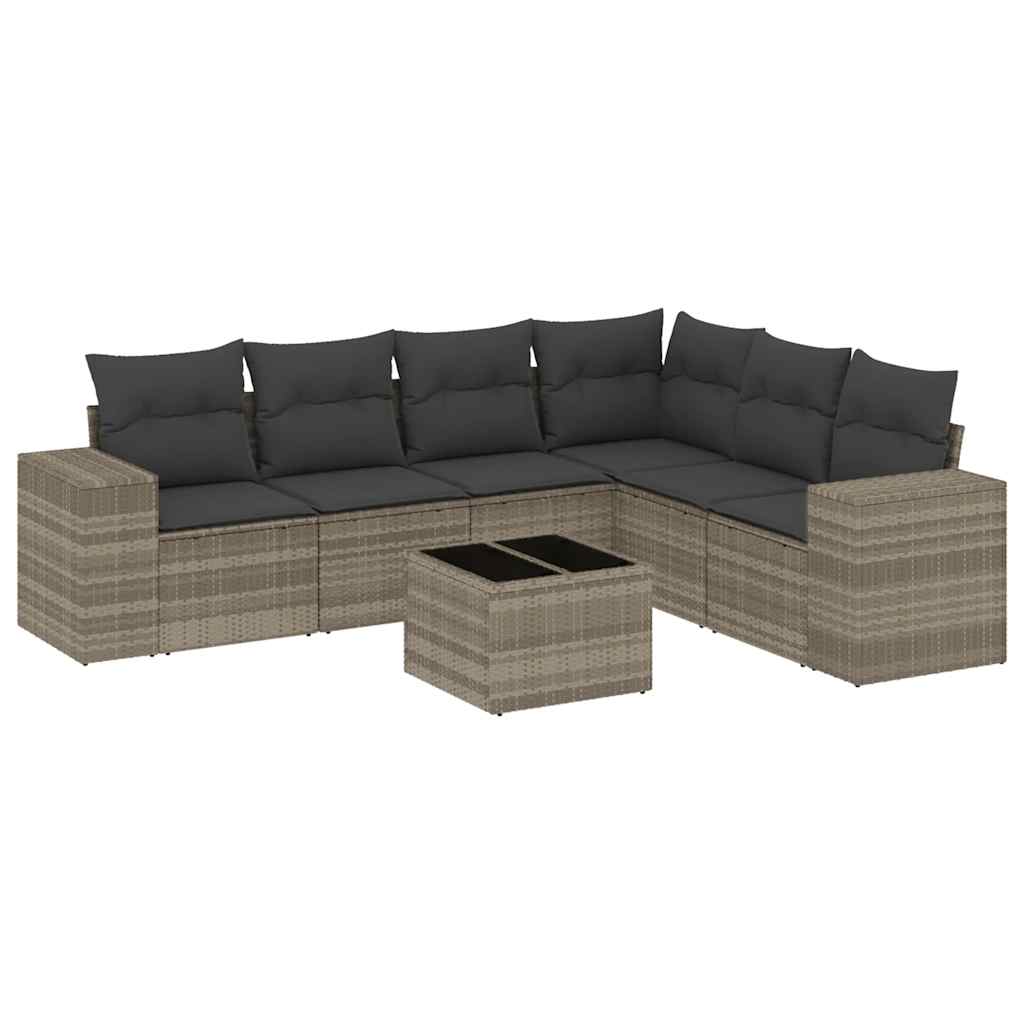 7 részes világosszürke polyrattan kerti ülőgarnitúra párnákkal 2