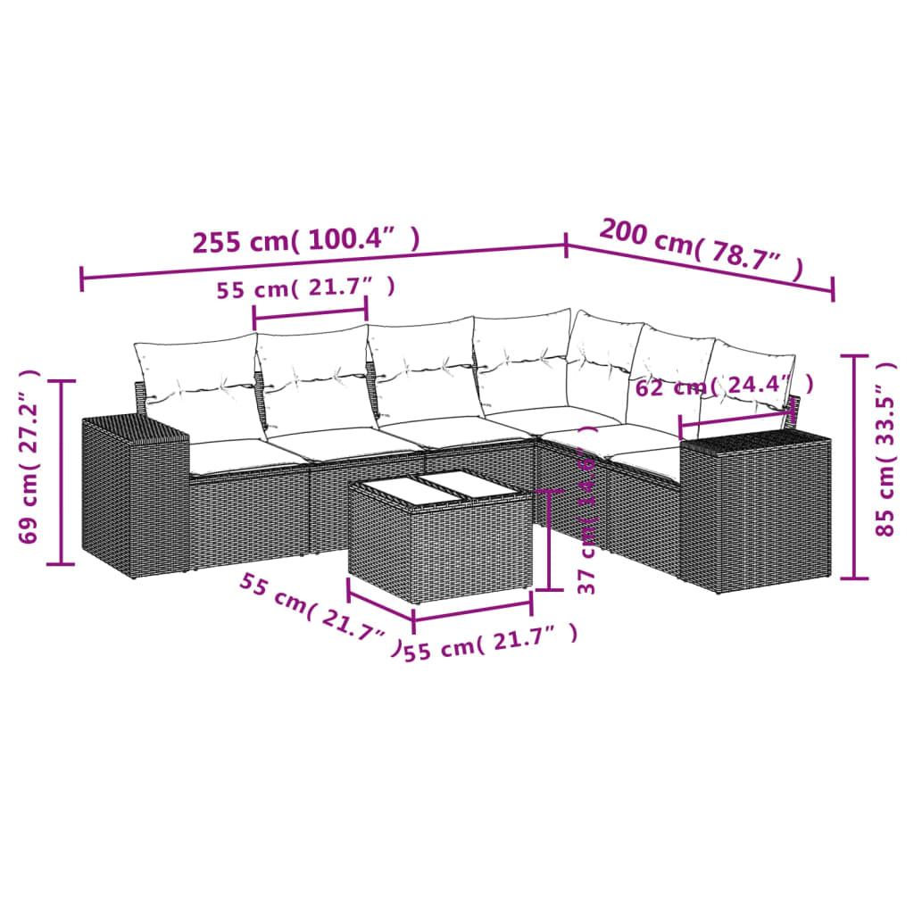 7 db barna polyrattan kerti kanapégarnitúra párnákkal 8