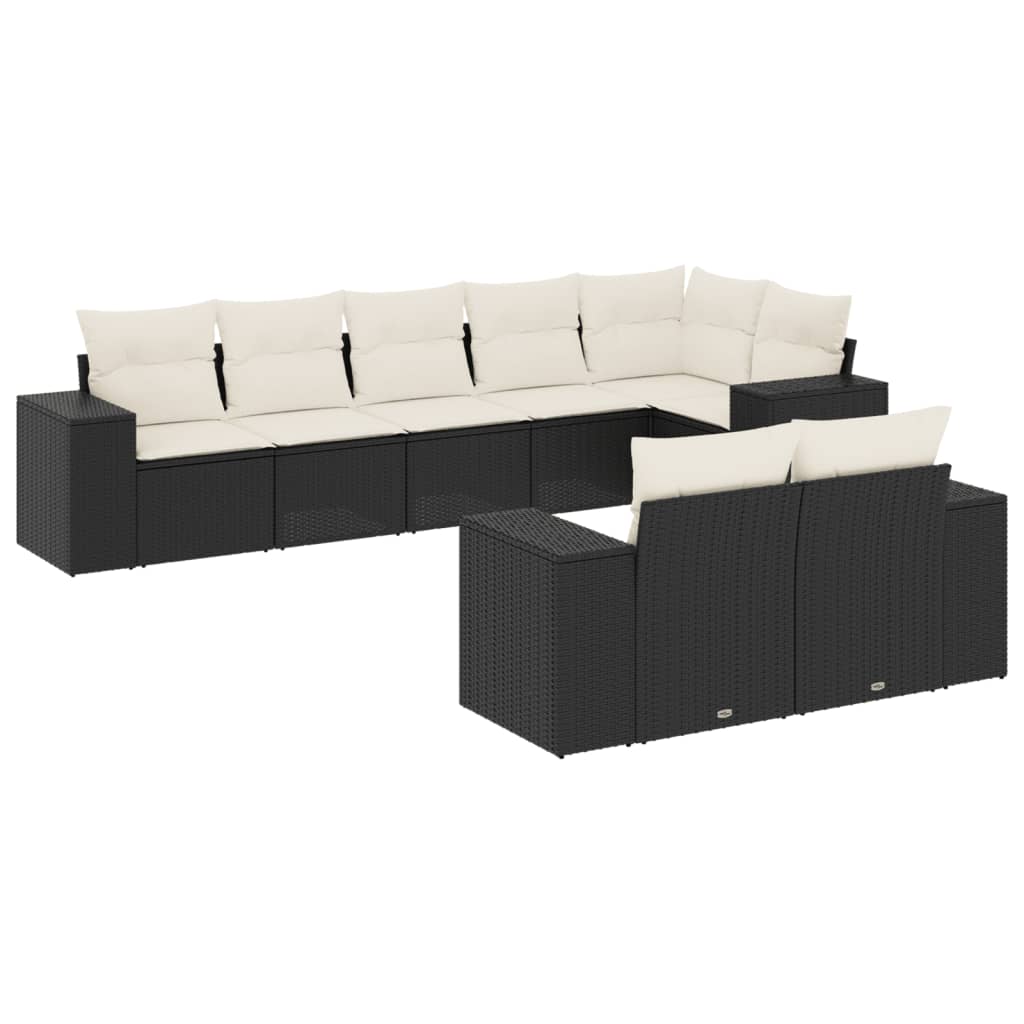 8 részes fekete polyrattan kerti ülőgarnitúra párnákkal 2