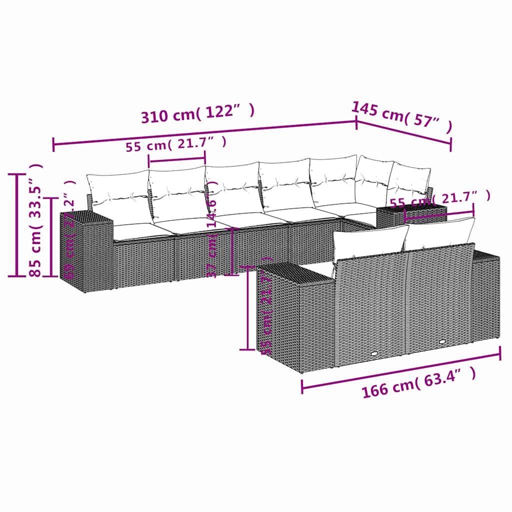 8 db szürke polyrattan kerti kanapégarnitúra párnákkal 7