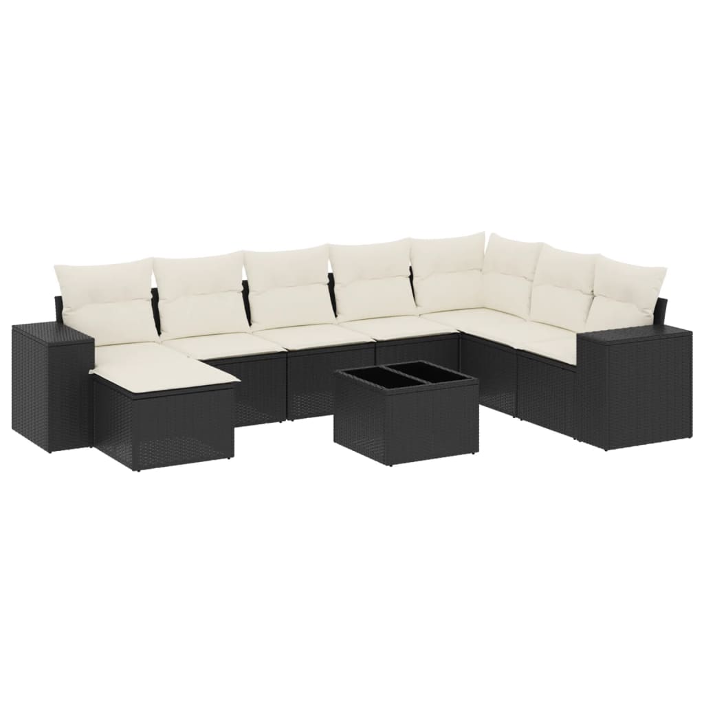 9 részes fekete polyrattan kerti ülőgarnitúra párnákkal 2