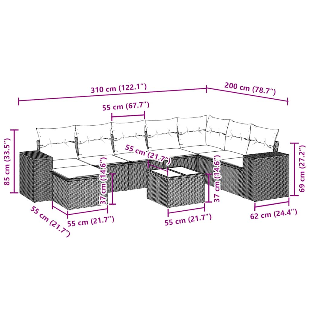 9 részes világosszürke polyrattan kerti ülőgarnitúra párnával 9