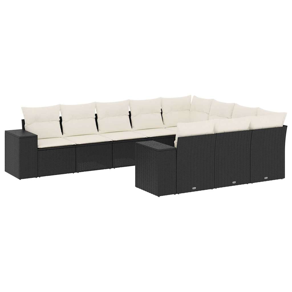 10 részes fekete polyrattan kerti ülőgarnitúra párnákkal 2