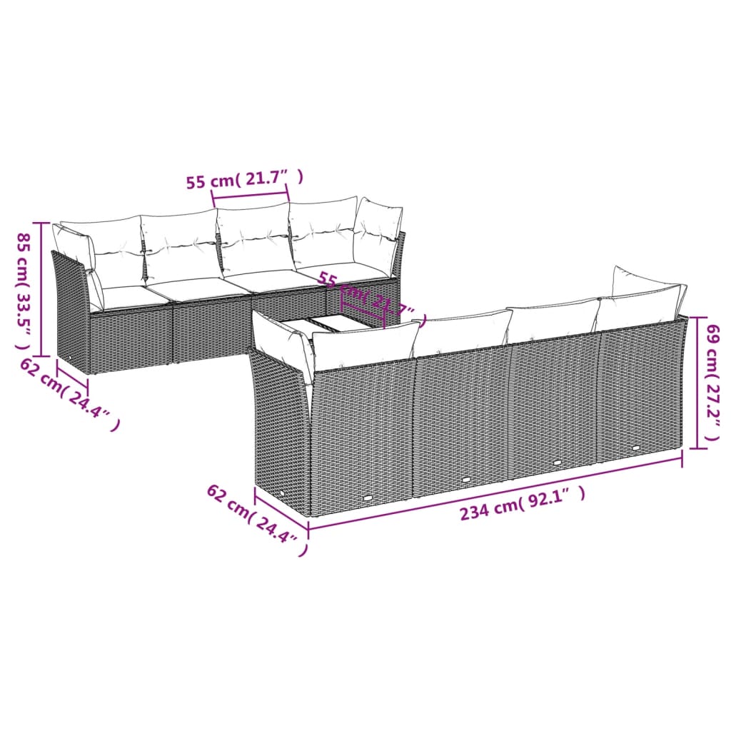 9 részes szürke polyrattan kerti ülőgarnitúra párnákkal 3