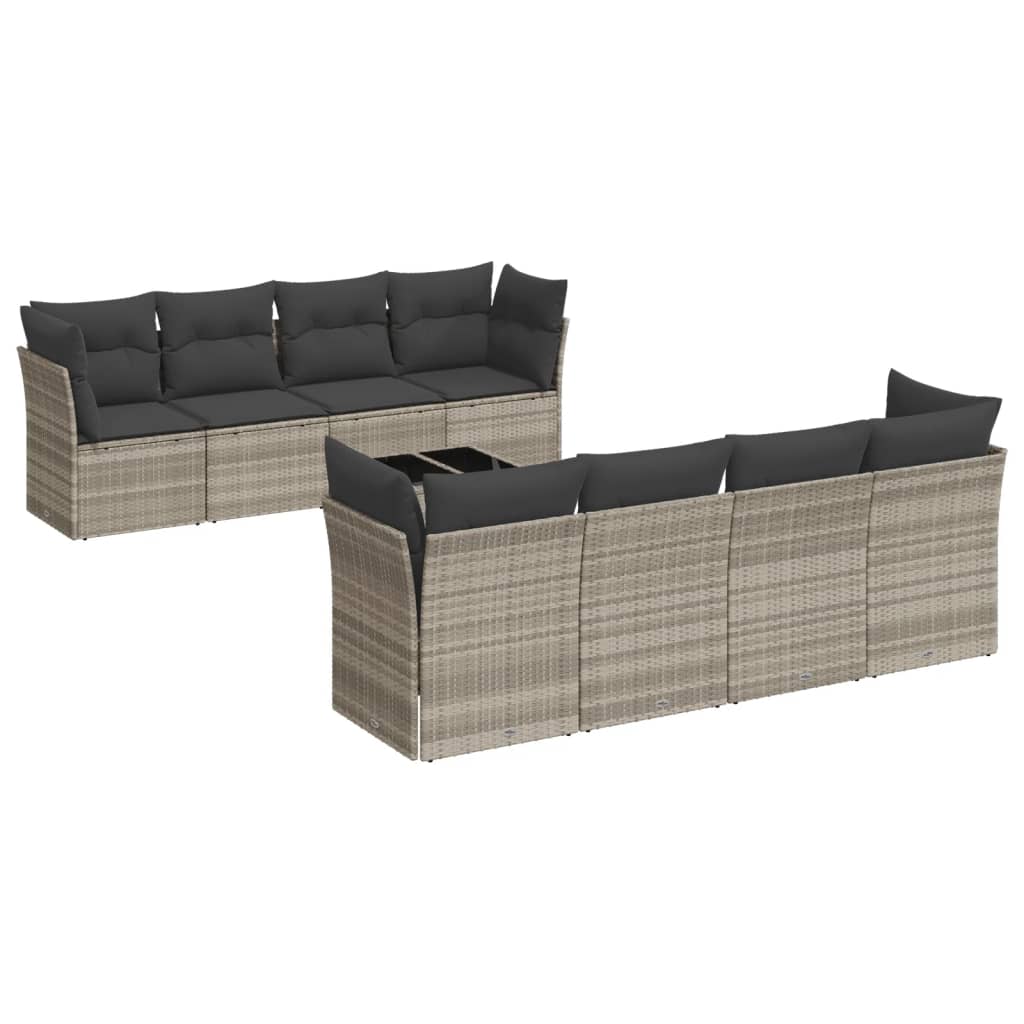 9 részes világosszürke polyrattan kerti ülőgarnitúra párnával 2