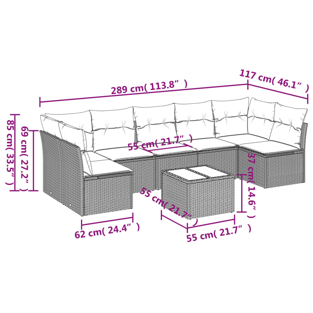 8 részes fekete polyrattan kerti ülőgarnitúra párnákkal 3