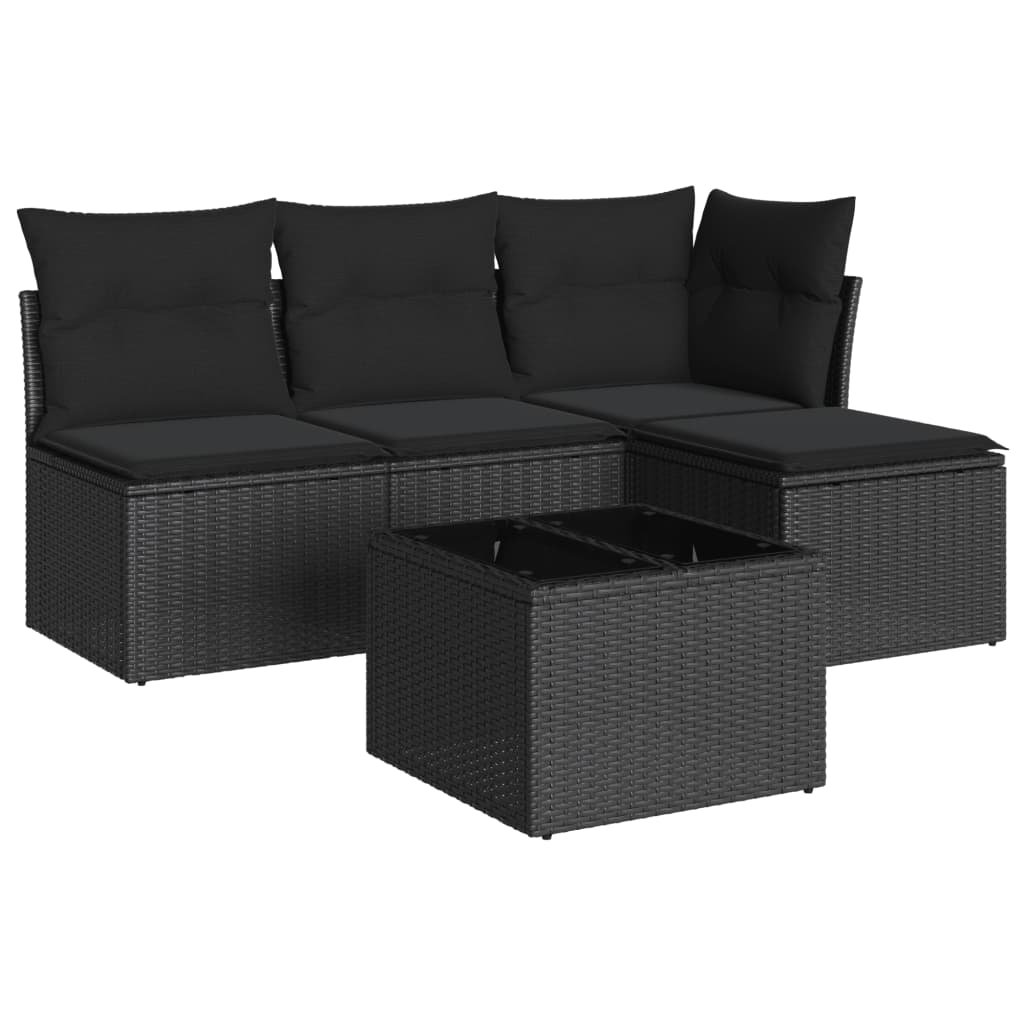 5 részes fekete polyrattan kerti kanapészett párnákkal 2