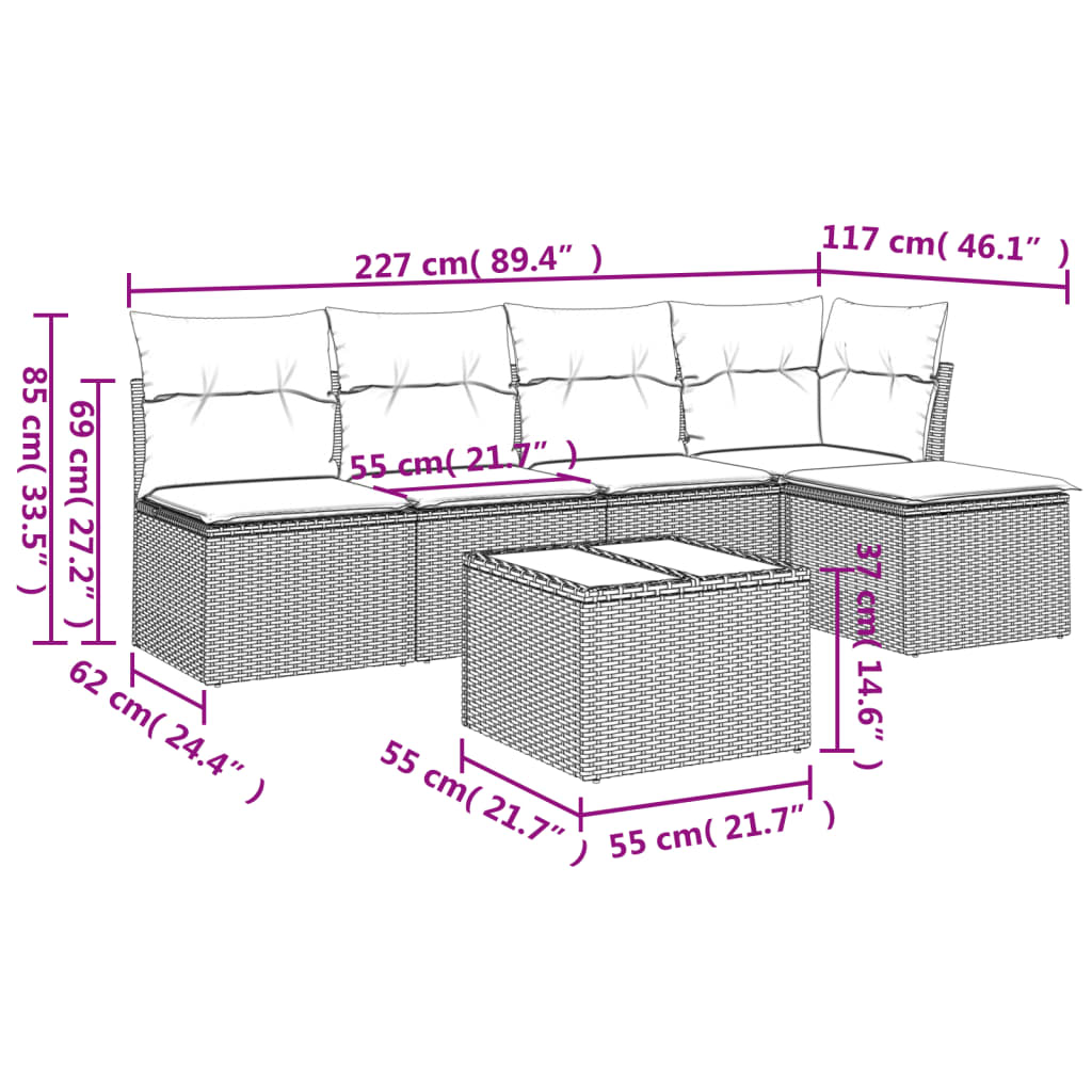 6 részes világosszürke polyrattan kerti ülőgarnitúra párnákkal 3