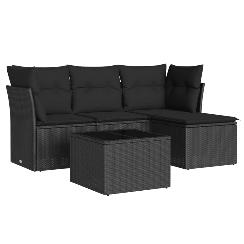 5 részes fekete polyrattan kerti kanapészett párnákkal 2
