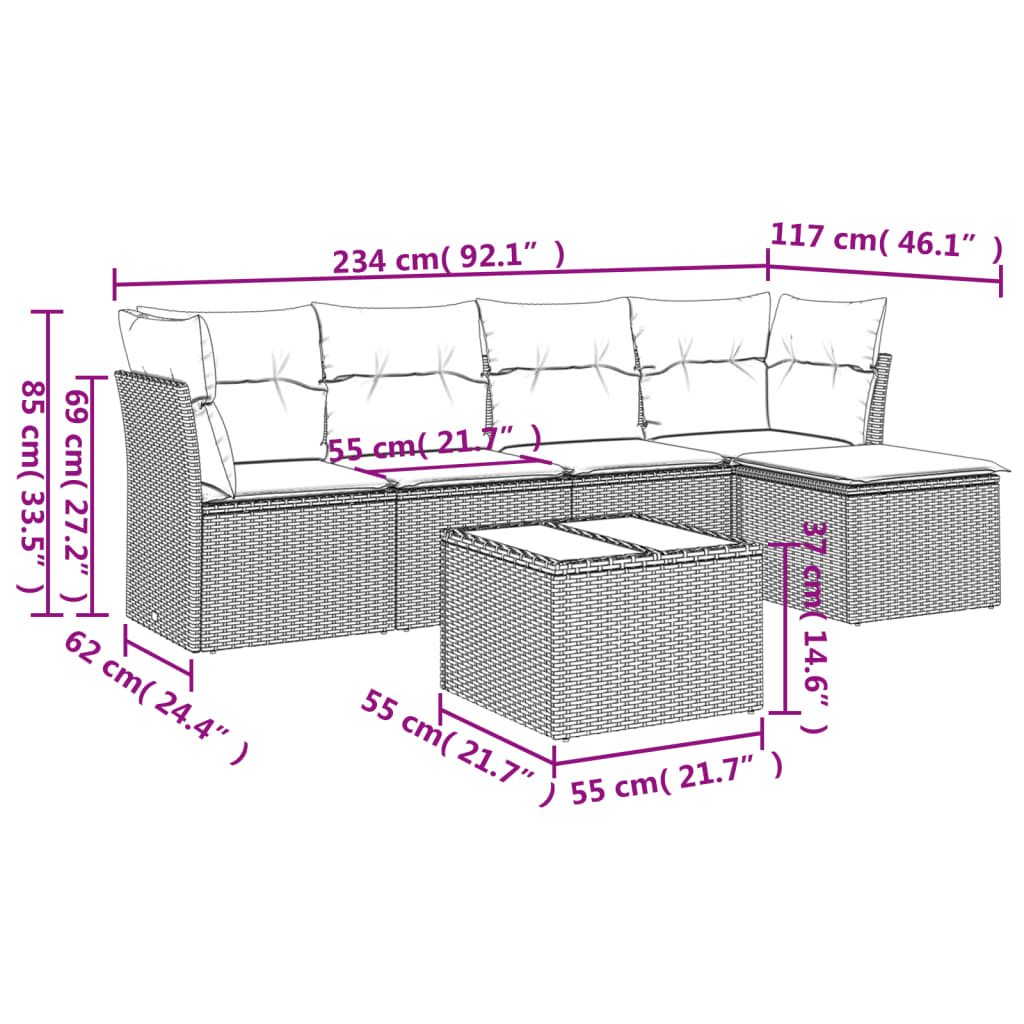 6 részes világosszürke polyrattan kerti ülőgarnitúra párnákkal 3